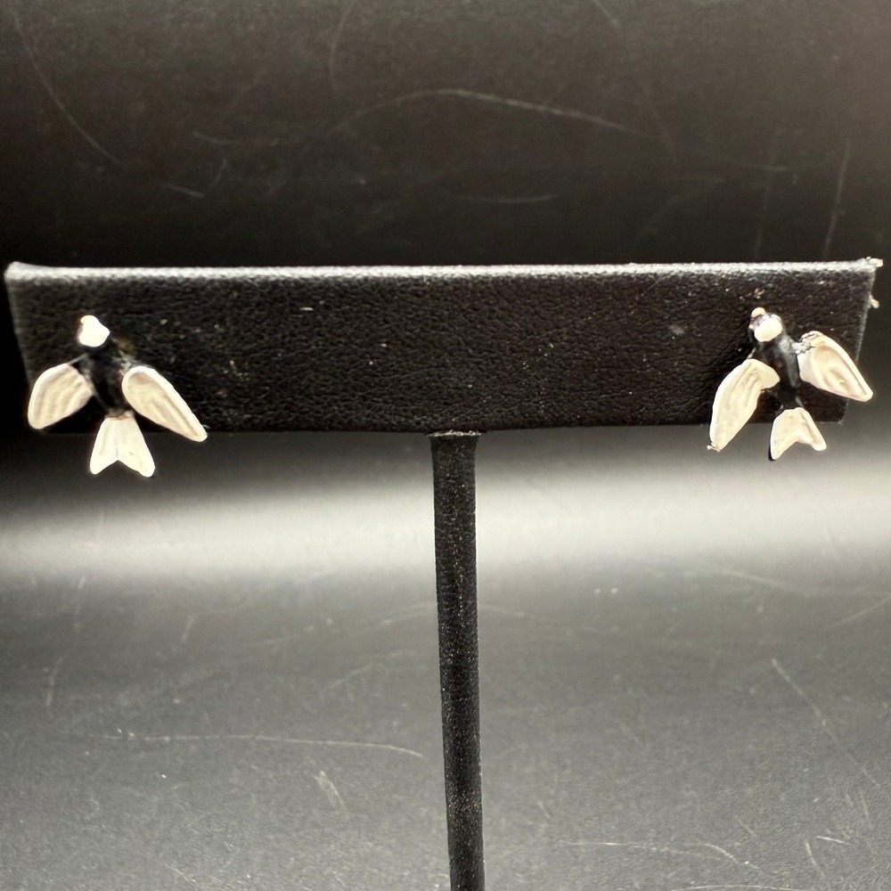 Vintage Enamel Bird Stud Earrings Black Silver‎ Tone Costume Jewelry